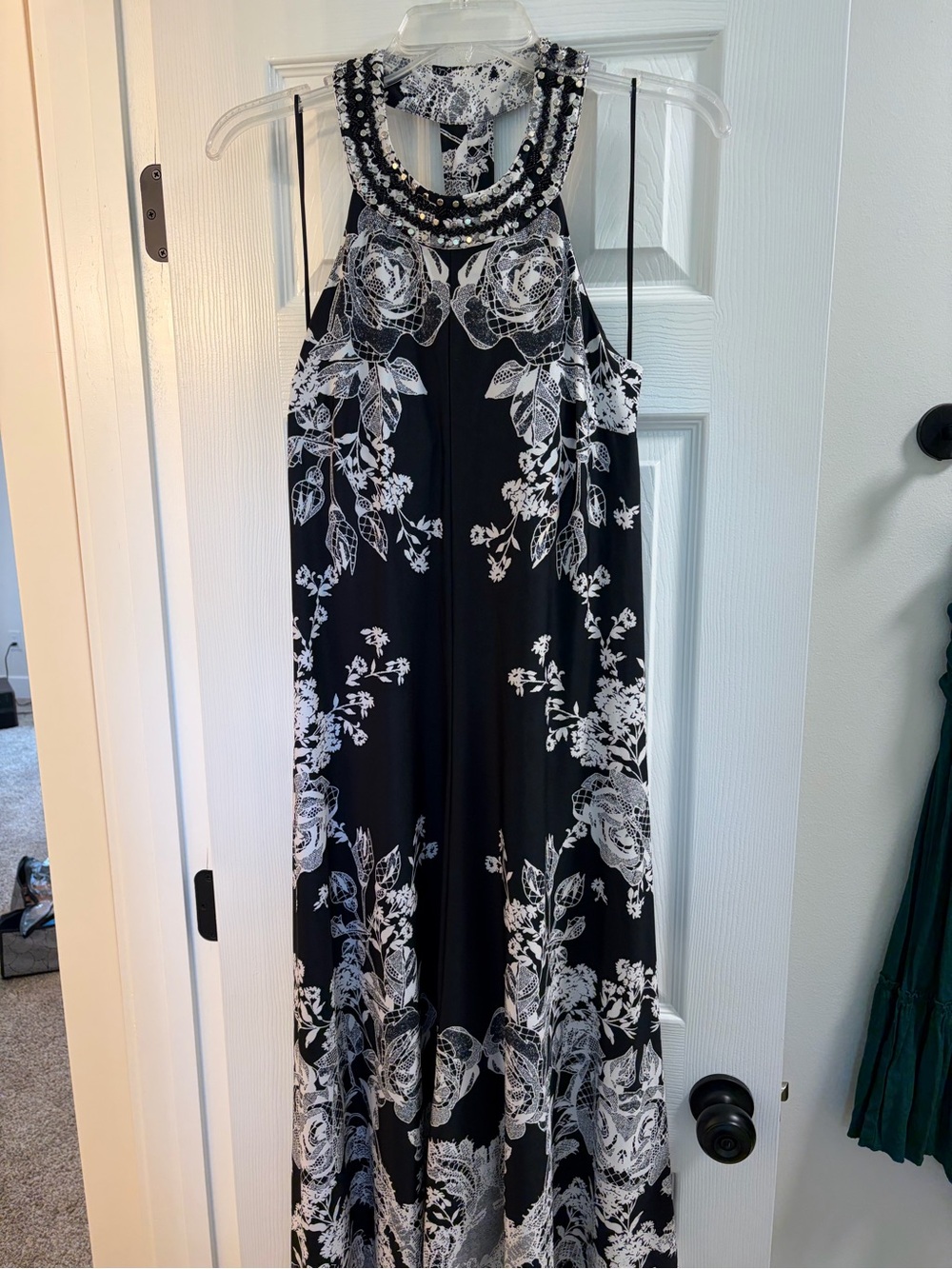 Oceans Tale: Beaded Halter Floral Maxi Dress - Black/White